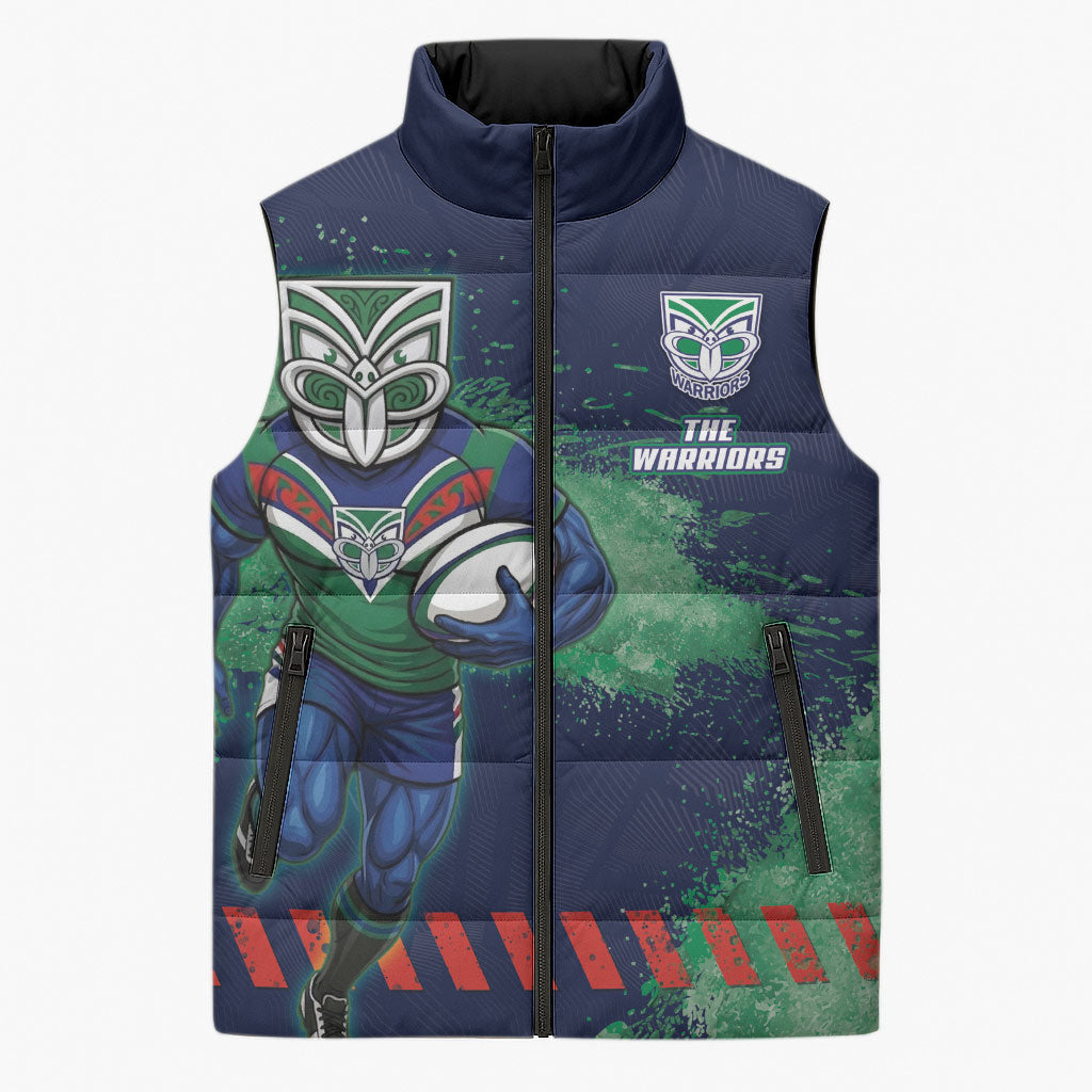 Personalised New Zealand Warriors Rugby Sleeveless Puffer Jacket Maori The Wahs Mascot - Sporty Splash Art Style