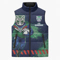 Personalised New Zealand Warriors Rugby Sleeveless Puffer Jacket Maori The Wahs Mascot - Sporty Splash Art Style
