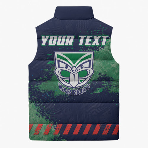 Personalised New Zealand Warriors Rugby Sleeveless Puffer Jacket Maori The Wahs Mascot - Sporty Splash Art Style