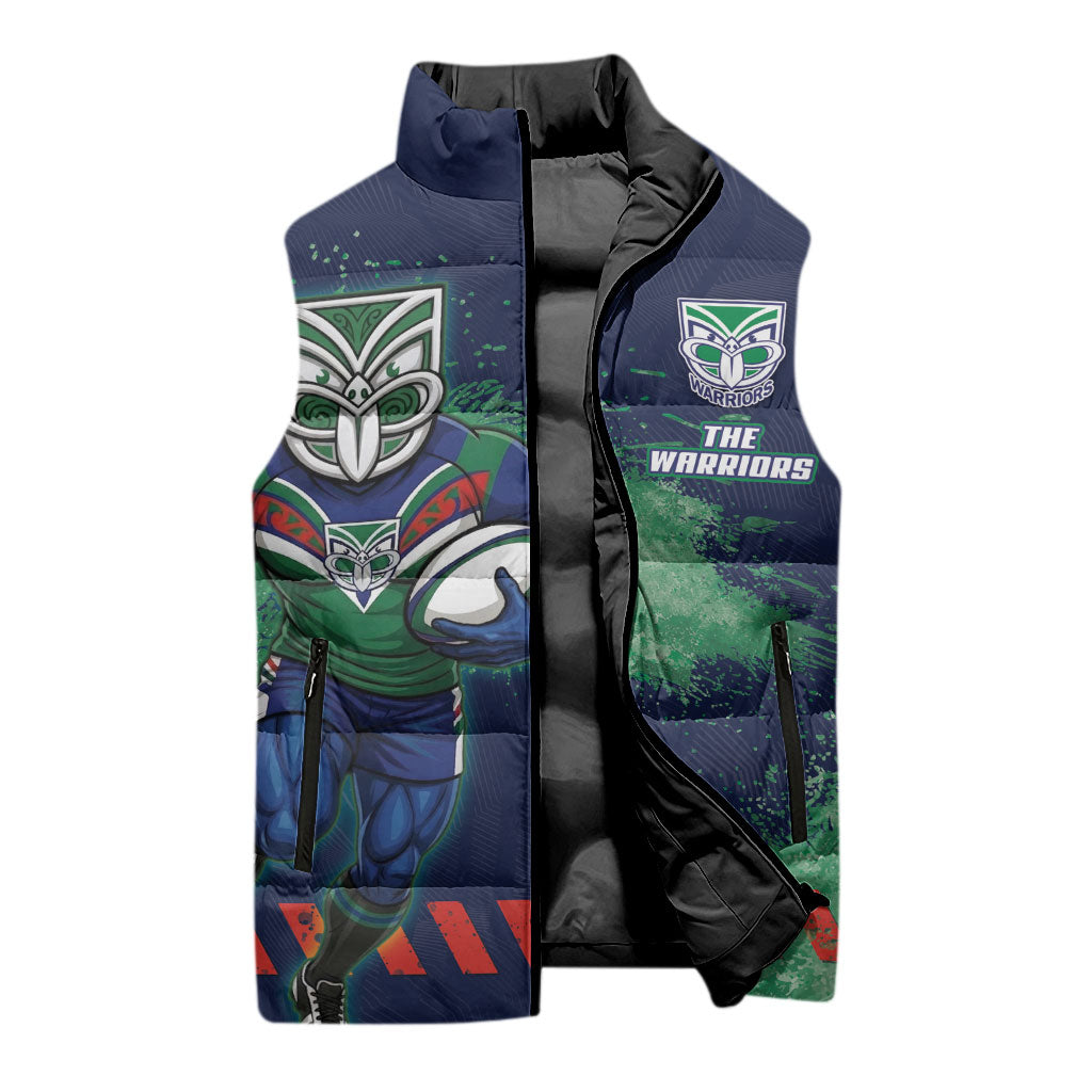 Personalised New Zealand Warriors Rugby Sleeveless Puffer Jacket Maori The Wahs Mascot - Sporty Splash Art Style