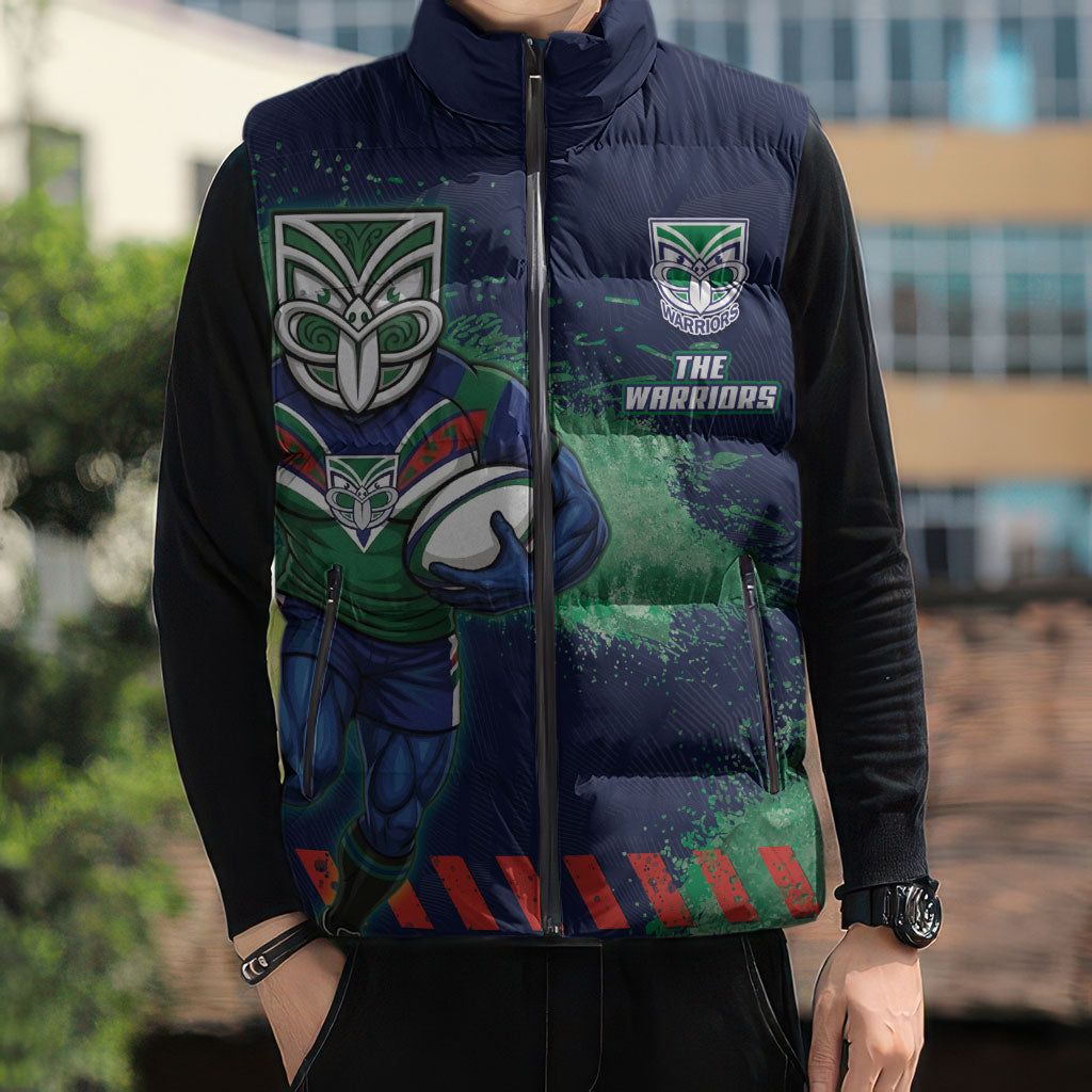 Personalised New Zealand Warriors Rugby Sleeveless Puffer Jacket Maori The Wahs Mascot - Sporty Splash Art Style