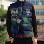 Personalised New Zealand Warriors Rugby Sleeveless Puffer Jacket Maori The Wahs Mascot - Sporty Splash Art Style