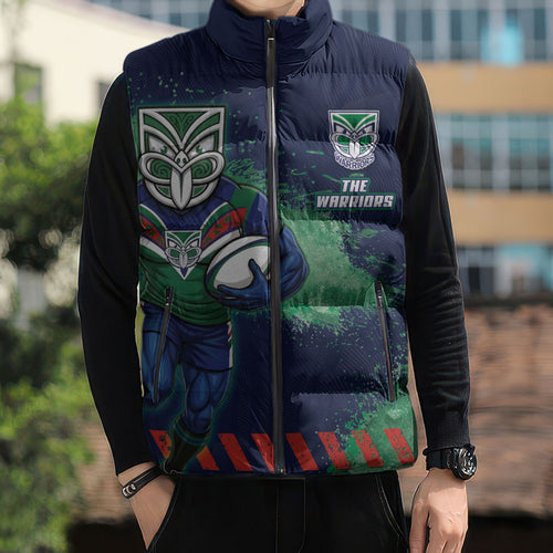 Personalised New Zealand Warriors Rugby Sleeveless Puffer Jacket Maori The Wahs Mascot - Sporty Splash Art Style