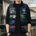 Personalised New Zealand Warriors Rugby Sleeveless Puffer Jacket Maori The Wahs Mascot - Sporty Splash Art Style