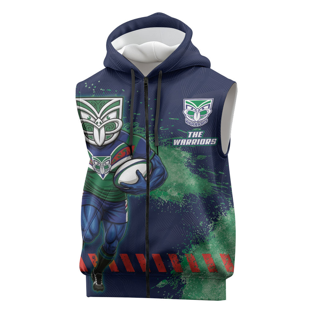 Personalised New Zealand Warriors Rugby Sleeveless Zip Hoodie Maori The Wahs Mascot - Sporty Splash Art Style
