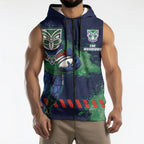 Personalised New Zealand Warriors Rugby Sleeveless Zip Hoodie Maori The Wahs Mascot - Sporty Splash Art Style