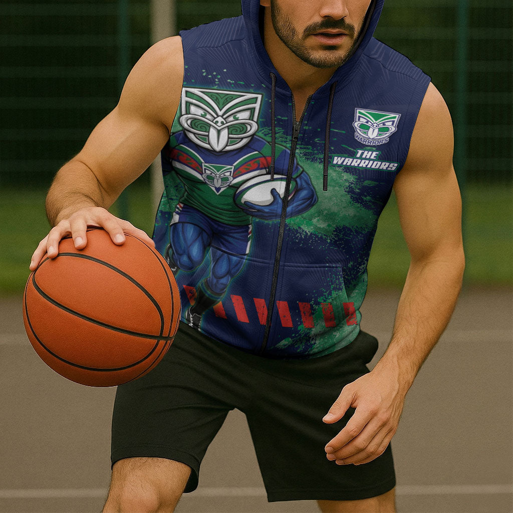Personalised New Zealand Warriors Rugby Sleeveless Zip Hoodie Maori The Wahs Mascot - Sporty Splash Art Style