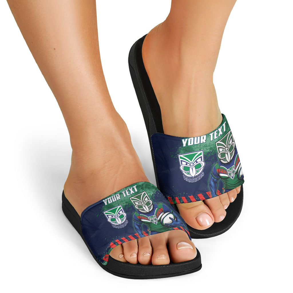 Personalised New Zealand Warriors Rugby Slide Sandals Maori The Wahs Mascot - Sporty Splash Art Style