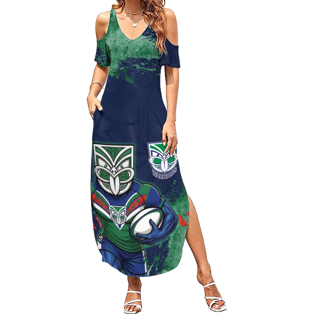 Personalised New Zealand Warriors Rugby Summer Maxi Dress Maori The Wahs Mascot - Sporty Splash Art Style