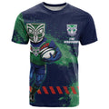 Personalised New Zealand Warriors Rugby T Shirt Maori The Wahs Mascot - Sporty Splash Art Style