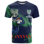 Personalised New Zealand Warriors Rugby T Shirt Maori The Wahs Mascot - Sporty Splash Art Style