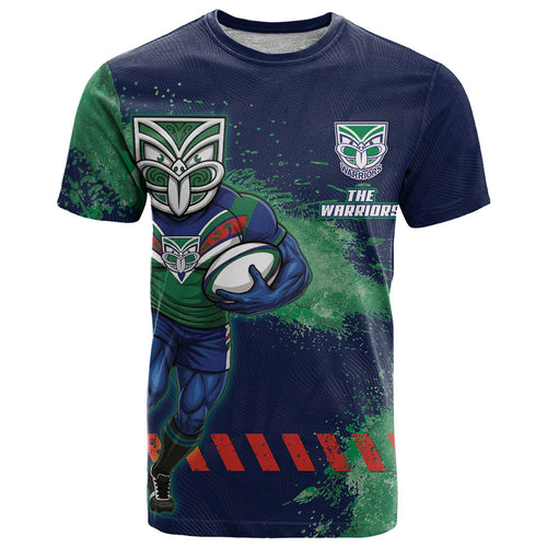 Personalised New Zealand Warriors Rugby T Shirt Maori The Wahs Mascot - Sporty Splash Art Style