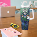 Personalised New Zealand Warriors Rugby Tumbler With Handle Maori The Wahs Mascot - Sporty Splash Art Style