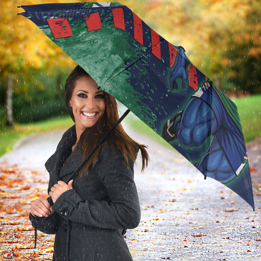 Personalised New Zealand Warriors Rugby Umbrella Maori The Wahs Mascot - Sporty Splash Art Style