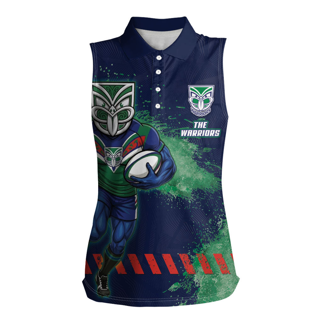 Personalised New Zealand Warriors Rugby Women Sleeveless Polo Shirt Maori The Wahs Mascot - Sporty Splash Art Style