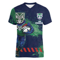 Personalised New Zealand Warriors Rugby Women V-Neck T-Shirt Maori The Wahs Mascot - Sporty Splash Art Style