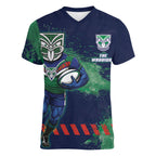 Personalised New Zealand Warriors Rugby Women V-Neck T-Shirt Maori The Wahs Mascot - Sporty Splash Art Style