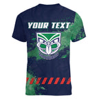 Personalised New Zealand Warriors Rugby Women V-Neck T-Shirt Maori The Wahs Mascot - Sporty Splash Art Style