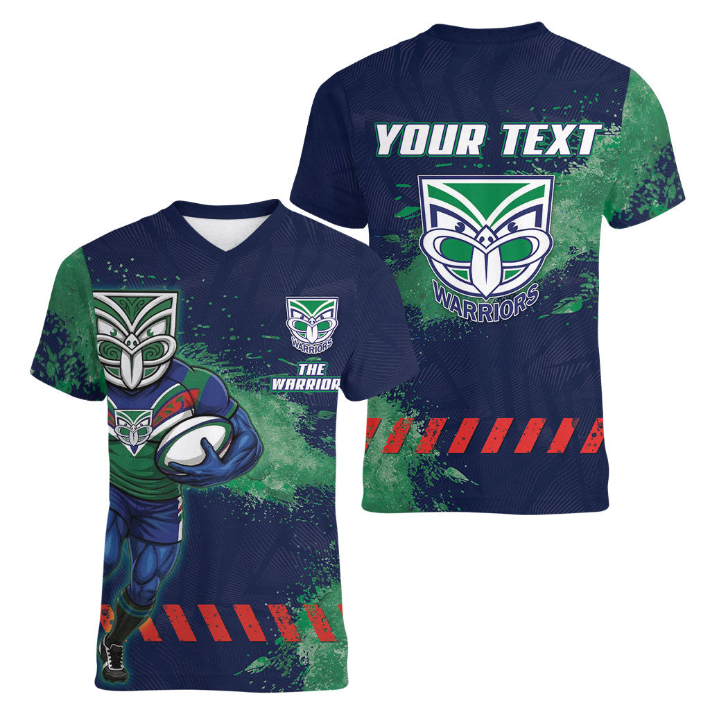 Personalised New Zealand Warriors Rugby Women V-Neck T-Shirt Maori The Wahs Mascot - Sporty Splash Art Style