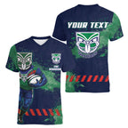 Personalised New Zealand Warriors Rugby Women V-Neck T-Shirt Maori The Wahs Mascot - Sporty Splash Art Style