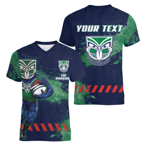 Personalised New Zealand Warriors Rugby Women V-Neck T-Shirt Maori The Wahs Mascot - Sporty Splash Art Style