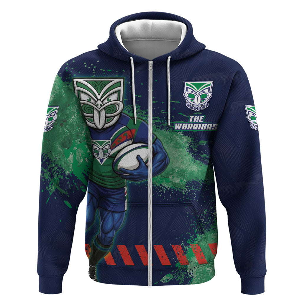 Personalised New Zealand Warriors Rugby Zip Hoodie Maori The Wahs Mascot - Sporty Splash Art Style