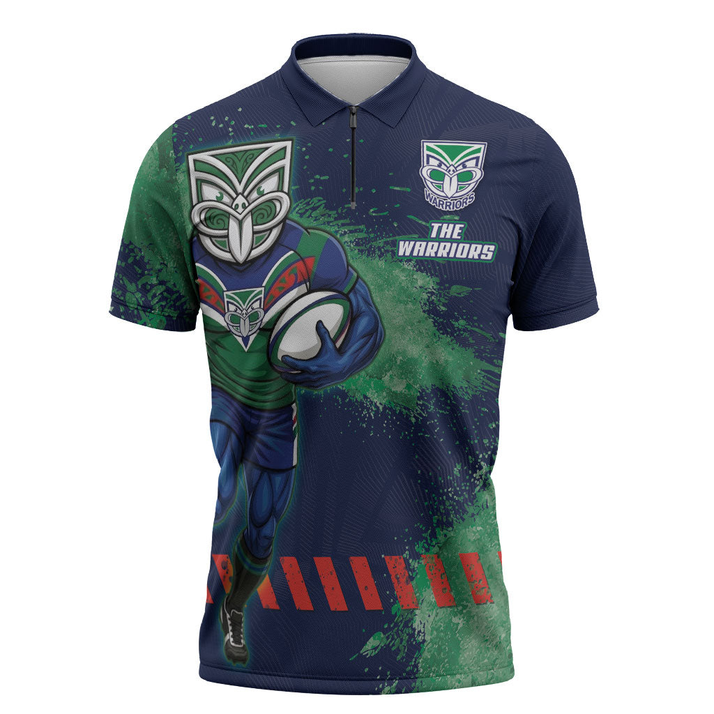 Personalised New Zealand Warriors Rugby Zipper Polo Shirt Maori The Wahs Mascot - Sporty Splash Art Style