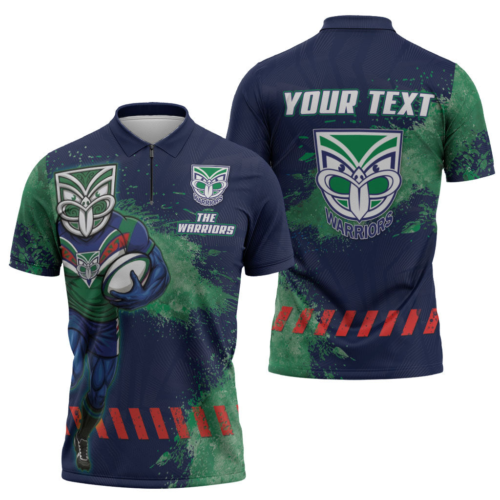 Personalised New Zealand Warriors Rugby Zipper Polo Shirt Maori The Wahs Mascot - Sporty Splash Art Style