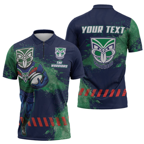 Personalised New Zealand Warriors Rugby Zipper Polo Shirt Maori The Wahs Mascot - Sporty Splash Art Style