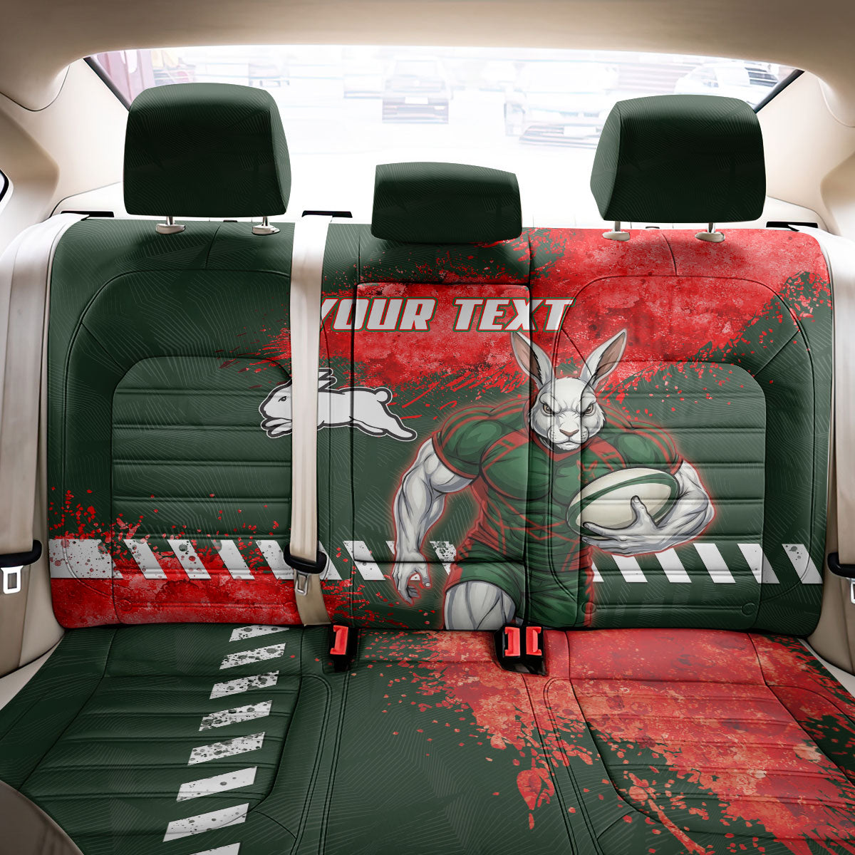 Personalised South Sydney Rabbitohs Rugby Back Car Seat Cover Rabbits Mascot - Sporty Splash Art Style