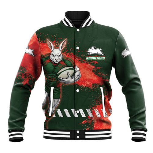 Personalised South Sydney Rabbitohs Rugby Baseball Jacket Rabbits Mascot - Sporty Splash Art Style