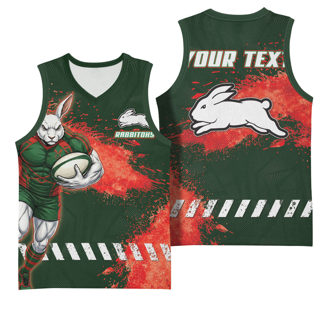 Personalised South Sydney Rabbitohs Rugby Basketball Jersey Rabbits Mascot - Sporty Splash Art Style