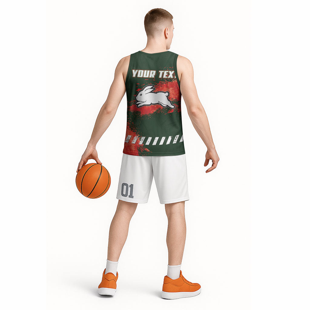 Personalised South Sydney Rabbitohs Rugby Basketball Jersey Rabbits Mascot - Sporty Splash Art Style