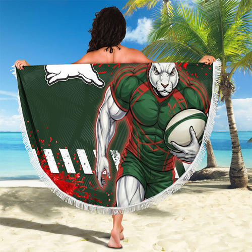Personalised South Sydney Rabbitohs Rugby Beach Blanket Rabbits Mascot - Sporty Splash Art Style