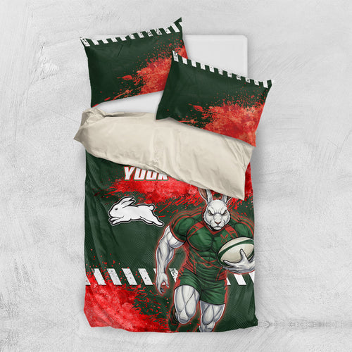 Personalised South Sydney Rabbitohs Rugby Bedding Set Rabbits Mascot - Sporty Splash Art Style