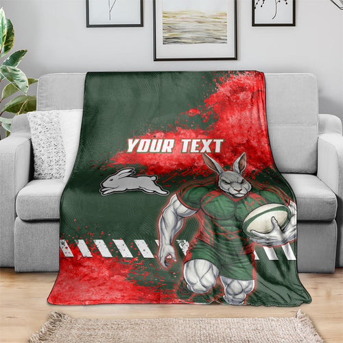 Personalised South Sydney Rabbitohs Rugby Blanket Rabbits Mascot - Sporty Splash Art Style