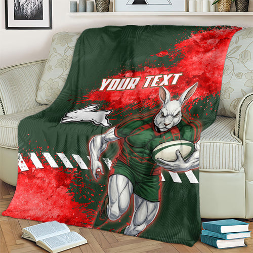 Personalised South Sydney Rabbitohs Rugby Blanket Rabbits Mascot - Sporty Splash Art Style