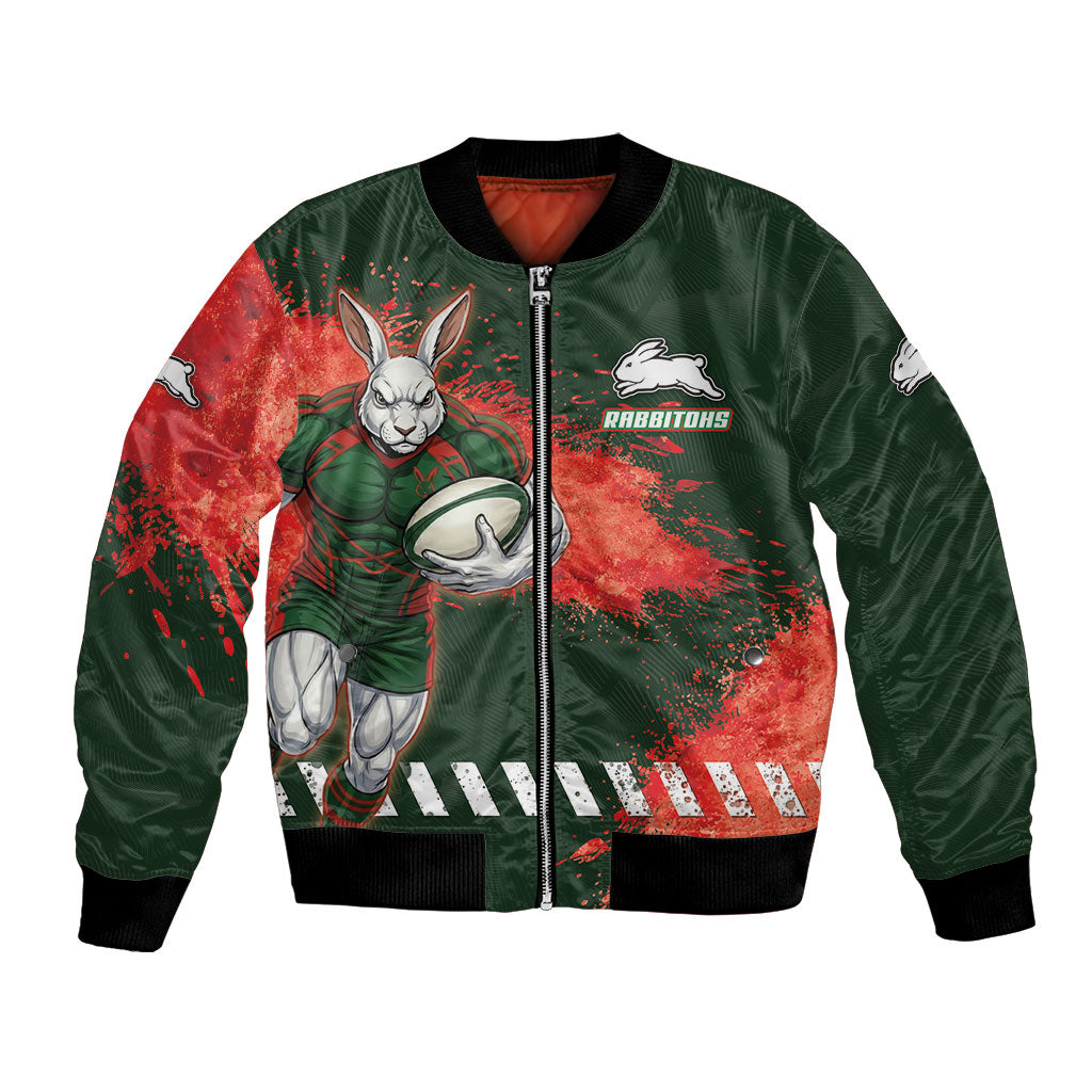 Personalised South Sydney Rabbitohs Rugby Bomber Jacket Rabbits Mascot - Sporty Splash Art Style