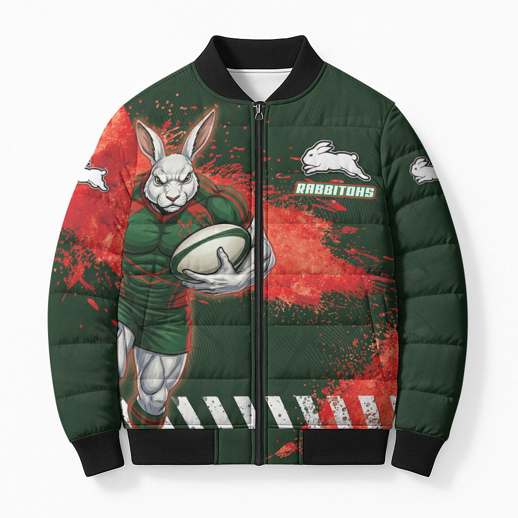 Personalised South Sydney Rabbitohs Rugby Bomber Puffer Jacket Rabbits Mascot - Sporty Splash Art Style