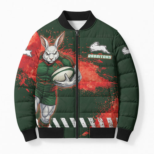 Personalised South Sydney Rabbitohs Rugby Bomber Puffer Jacket Rabbits Mascot - Sporty Splash Art Style
