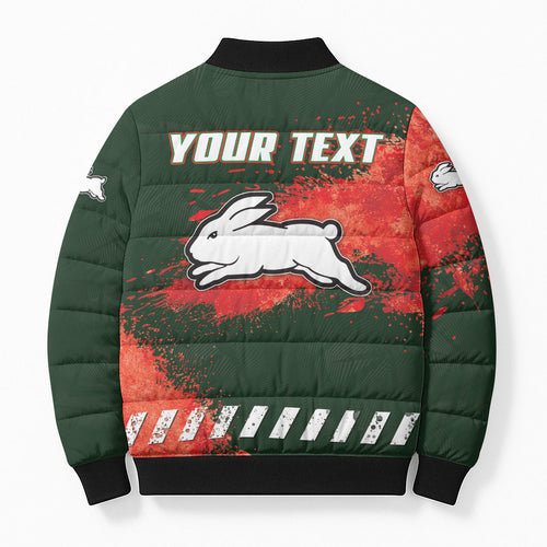 Personalised South Sydney Rabbitohs Rugby Bomber Puffer Jacket Rabbits Mascot - Sporty Splash Art Style