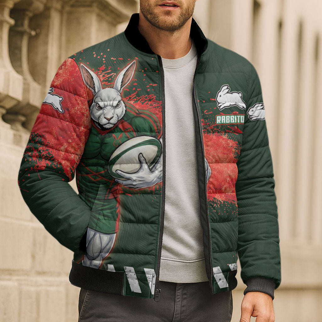 Personalised South Sydney Rabbitohs Rugby Bomber Puffer Jacket Rabbits Mascot - Sporty Splash Art Style