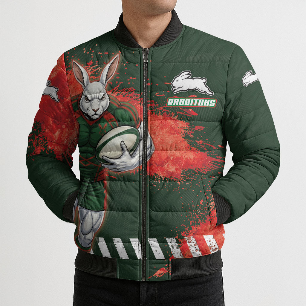 Personalised South Sydney Rabbitohs Rugby Bomber Puffer Jacket Rabbits Mascot - Sporty Splash Art Style