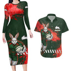 Personalised South Sydney Rabbitohs Rugby Couples Matching Long Sleeve Bodycon Dress and Hawaiian Shirt Rabbits Mascot - Sporty Splash Art Style