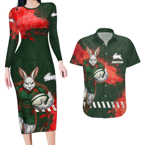 Personalised South Sydney Rabbitohs Rugby Couples Matching Long Sleeve Bodycon Dress and Hawaiian Shirt Rabbits Mascot - Sporty Splash Art Style