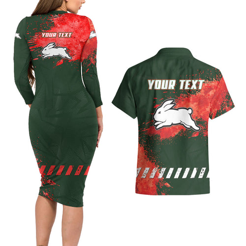 Personalised South Sydney Rabbitohs Rugby Couples Matching Long Sleeve Bodycon Dress and Hawaiian Shirt Rabbits Mascot - Sporty Splash Art Style