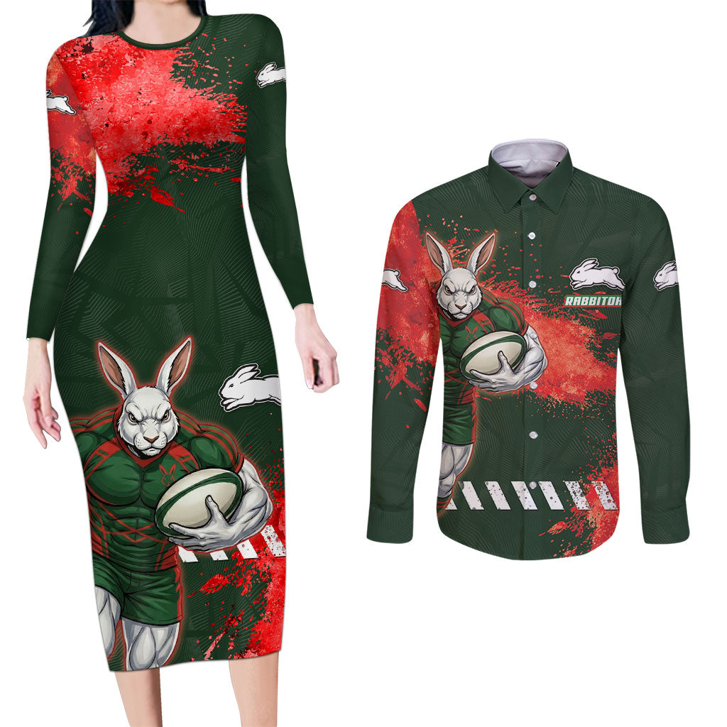 Personalised South Sydney Rabbitohs Rugby Couples Matching Long Sleeve Bodycon Dress and Long Sleeve Button Shirt Rabbits Mascot - Sporty Splash Art Style