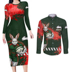 Personalised South Sydney Rabbitohs Rugby Couples Matching Long Sleeve Bodycon Dress and Long Sleeve Button Shirt Rabbits Mascot - Sporty Splash Art Style