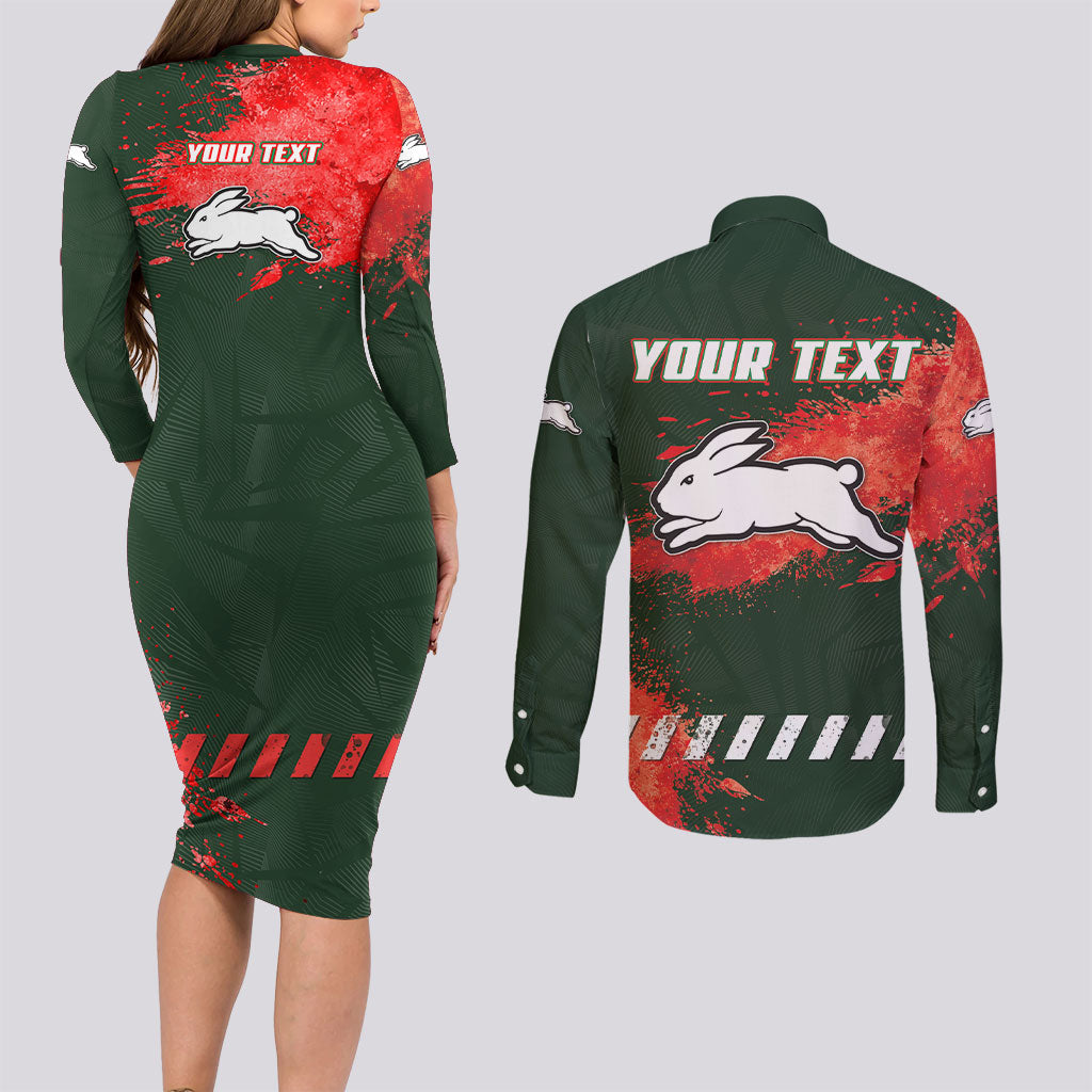 Personalised South Sydney Rabbitohs Rugby Couples Matching Long Sleeve Bodycon Dress and Long Sleeve Button Shirt Rabbits Mascot - Sporty Splash Art Style