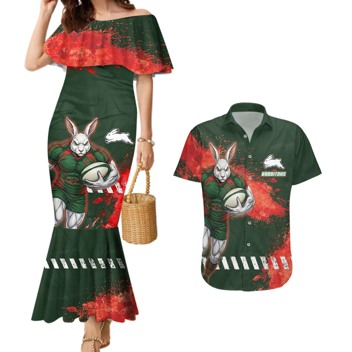 Personalised South Sydney Rabbitohs Rugby Couples Matching Mermaid Dress and Hawaiian Shirt Rabbits Mascot - Sporty Splash Art Style